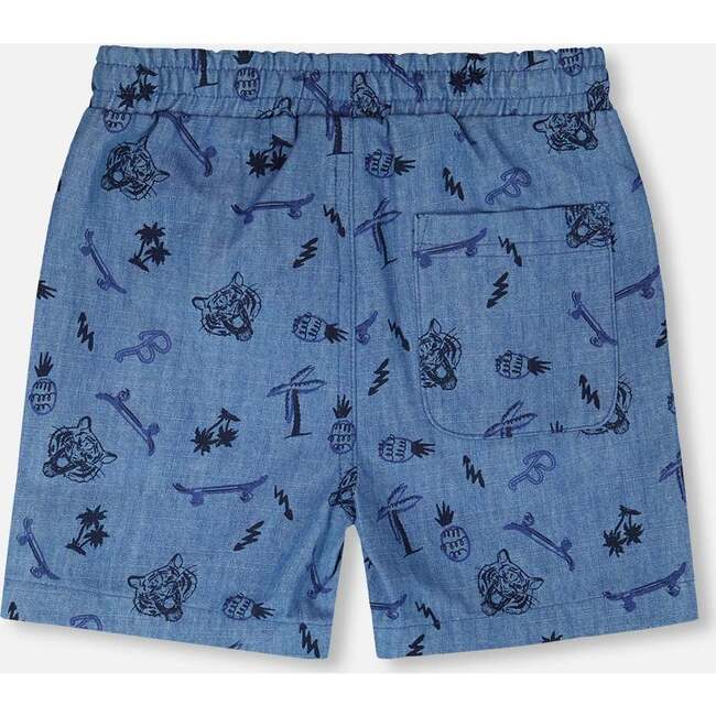 Chambray Shorts, Blue Chambray Printed Skate Boards - Shorts - 3