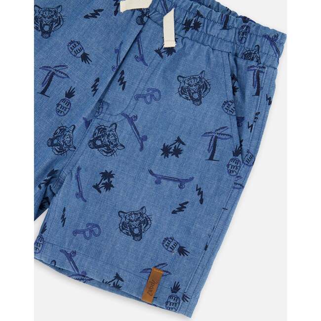 Chambray Shorts, Blue Chambray Printed Skate Boards - Shorts - 4