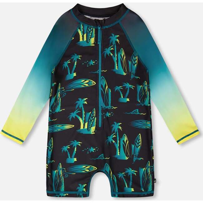 Baby One-Piece Long Sleeve Rashguard, Ombre Black Surf Print