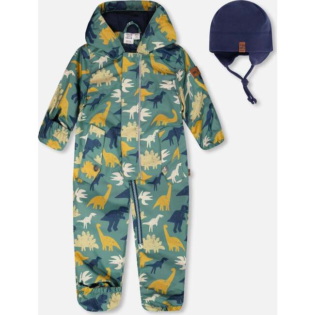 Baby Mid-Season One-Piece Outerwear With Hat, Green Dinosaur Print