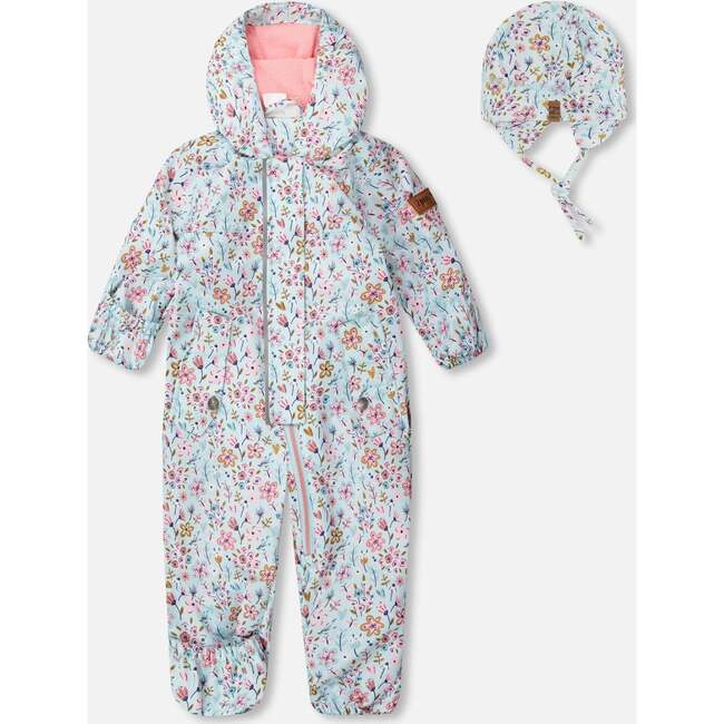 Baby Mid-Season One-Piece Outerwear With Hat, Blue Mini Flower Print