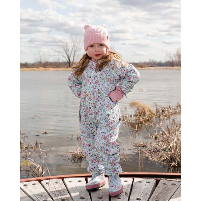 Baby Mid-Season One-Piece Outerwear With Hat, Blue Mini Flower Print