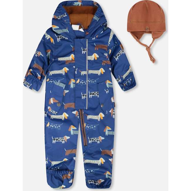 Baby Mid-Season One-Piece Outerwear With Hat Blue Dog Print, Blue Printed Dogs