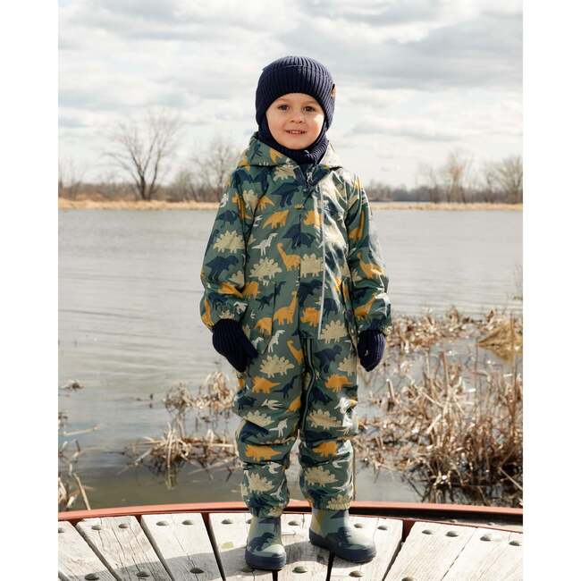 Baby Mid-Season One-Piece Outerwear With Hat, Green Dinosaur Print - Snowsuits - 3