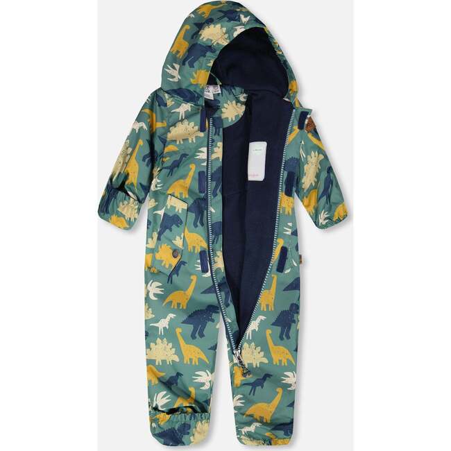 Baby Mid-Season One-Piece Outerwear With Hat, Green Dinosaur Print - Snowsuits - 4