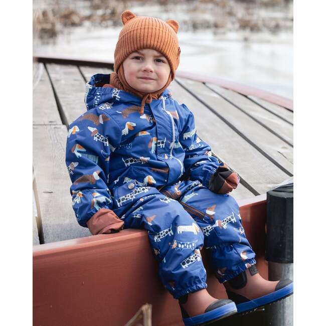 Baby Mid-Season One-Piece Outerwear With Hat Blue Dog Print, Blue Printed Dogs