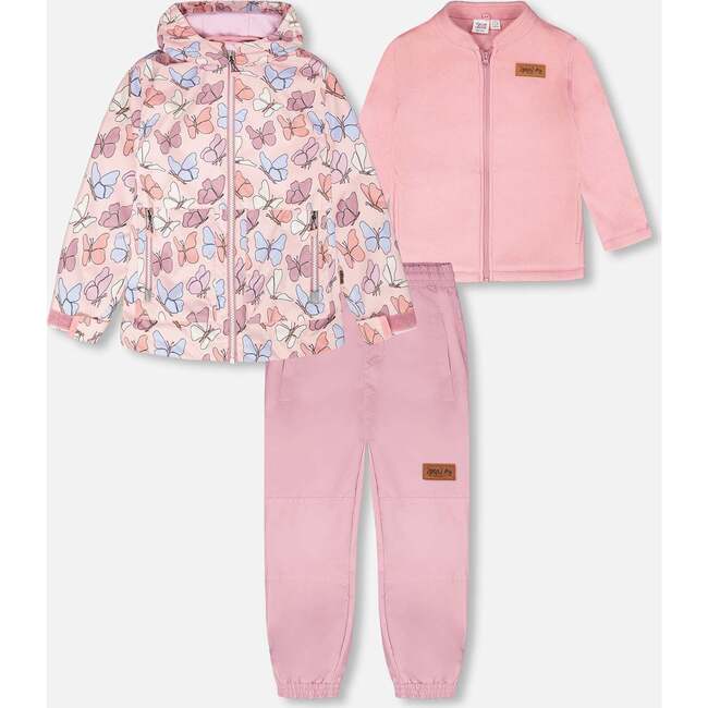3-In-1 Two-Piece Mid-Season Outerwear Set, Pink With Printed Butterflies