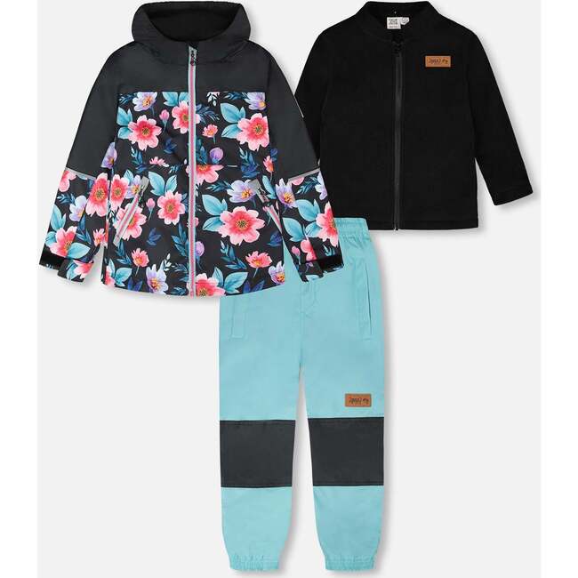 3-In-1 Two-Piece Mid-Season Outerwear Set, Black Printed Flowers