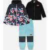 3-In-1 Two-Piece Mid-Season Outerwear Set, Black Printed Flowers - Raincoats - 1 - thumbnail