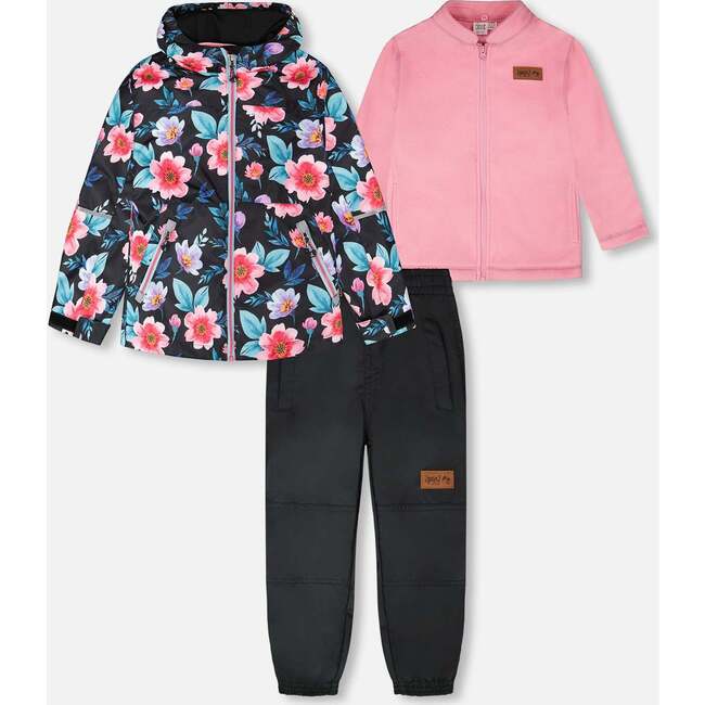 3-In-1 Two-Piece Mid-Season Outerwear Set, Black Floral Print