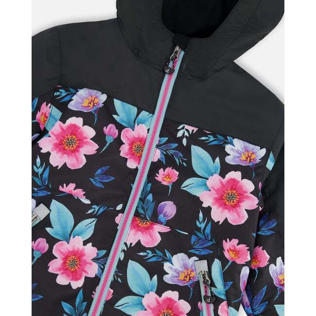 3-In-1 Two-Piece Mid-Season Outerwear Set, Black Printed Flowers - Raincoats - 7
