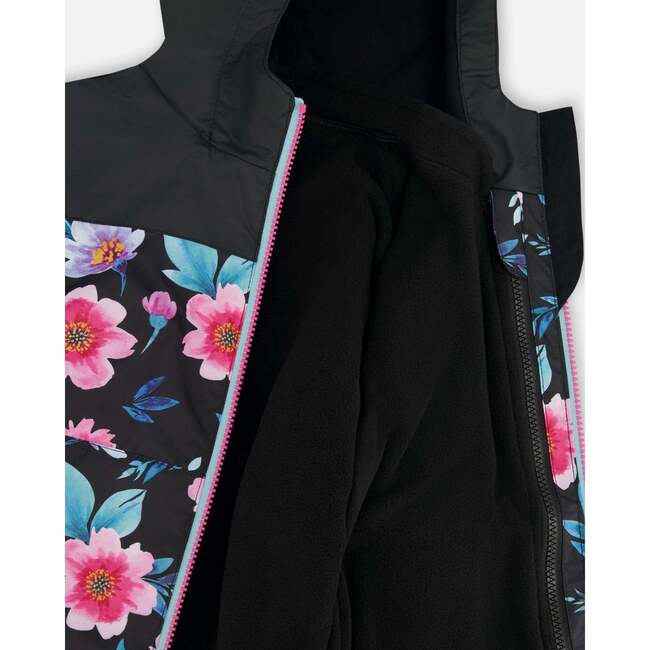 3-In-1 Two-Piece Mid-Season Outerwear Set, Black Printed Flowers - Raincoats - 9