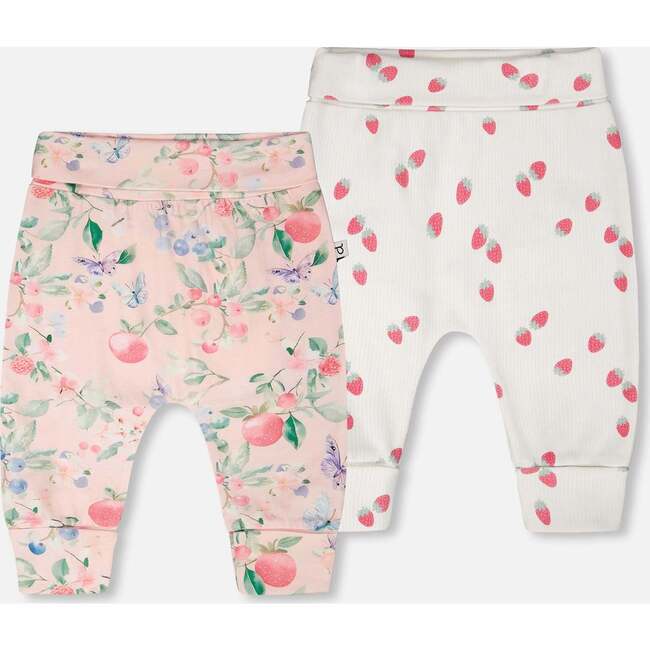 2 Pack Cotton Jersey Evolutive Pants And White Strawberry Print, Pink Printed Berries