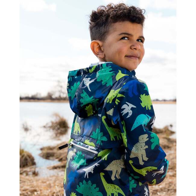 Packable Windbreaker In Polyester, Blue Dinosaur Print