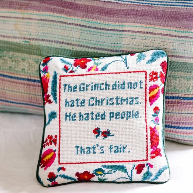 The Grinch Needlepoint Pillow, White, Green, Red - Decorative Pillows - 2
