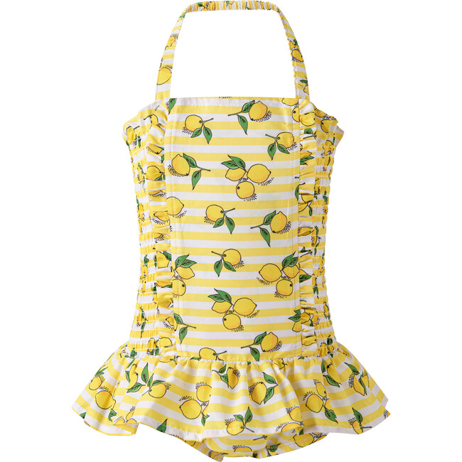 Lemon Stripe Ruched Swimsuit, Yellow