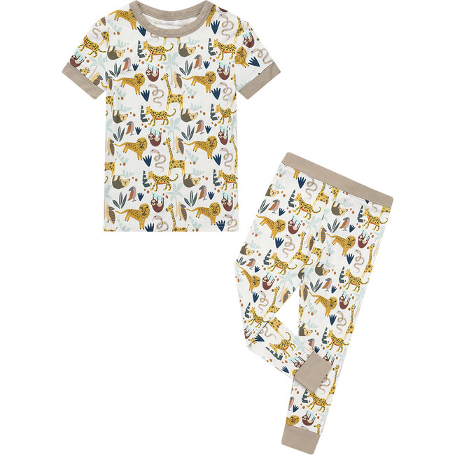 Jungle Friends Two-Piece Bamboo Short Sleeve Pajama Pants Set, Cream