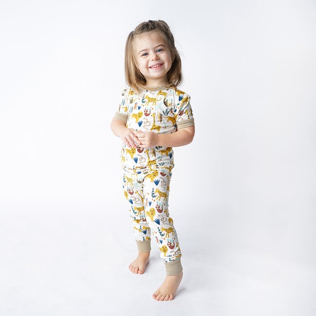 Jungle Friends Two-Piece Bamboo Short Sleeve Pajama Pants Set, Cream