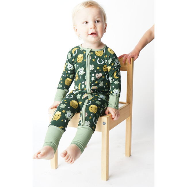 Lucky Charm St. Patricks Day Bamboo Pajama Convertible Footie Romper, Green - Footie Pajamas - 2