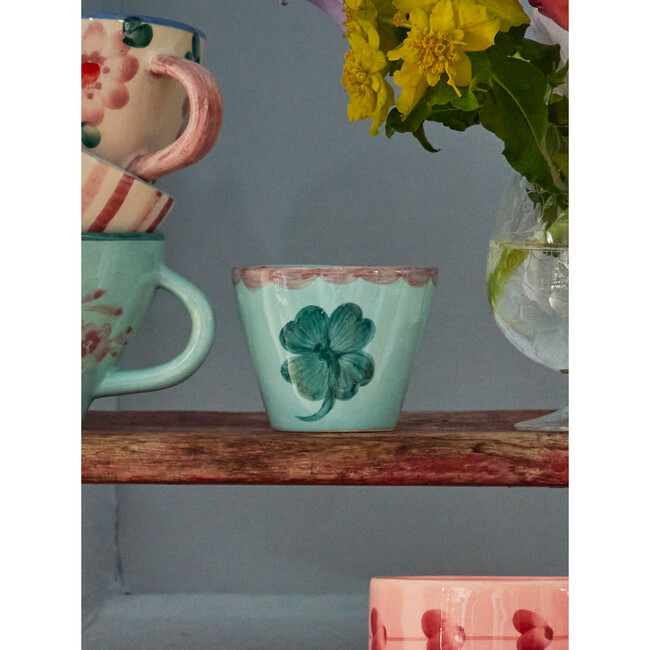 Extra Small Ceramic Oval Espresso Cup With Hand-Painted Good Luck Clover 70 ml, Light Green