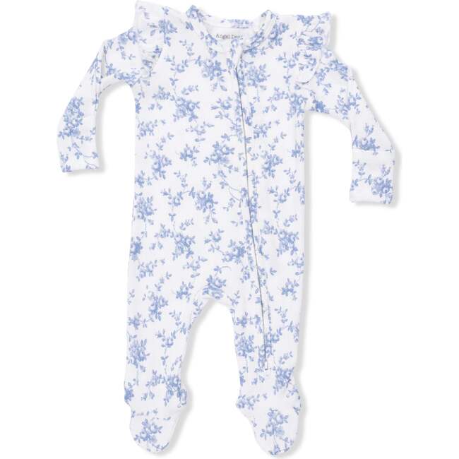 2 Way Ruffle Back Zipper Footie, Baby Blue Vines Floral - Footie Pajamas - 3