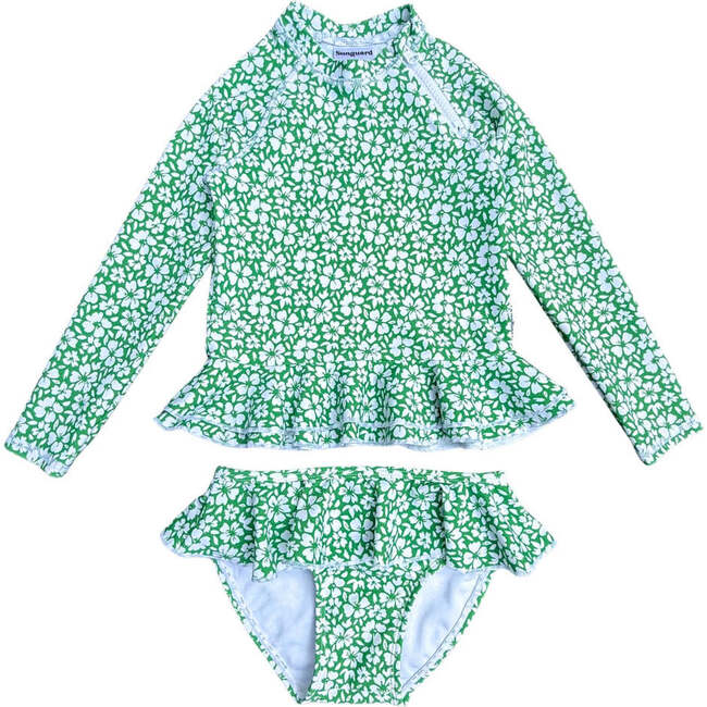 Reese 2-Piece Long Sleeve Peplum Top & Bottom Swimwear, Green Hibiscus