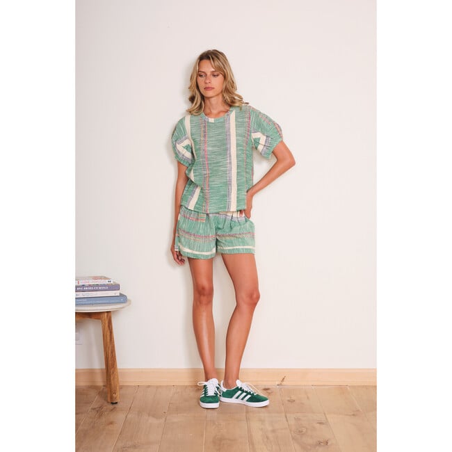 Women's Mojito Striped Puff Sleeve Relaxed Fit Top, Green & Ivory