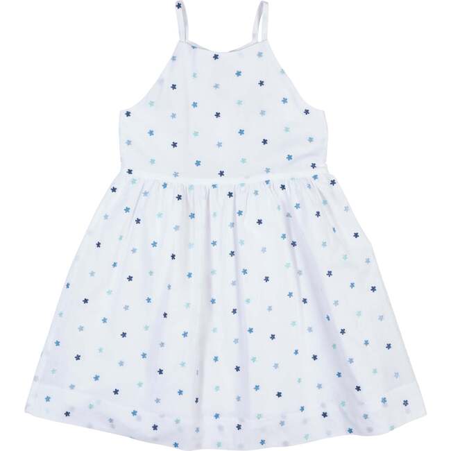 Embroidered Floral Dress, White with Blue Embroidery