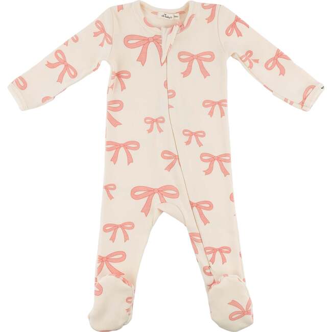 Pink Bows Baby Rib Zipper Footie, Natural