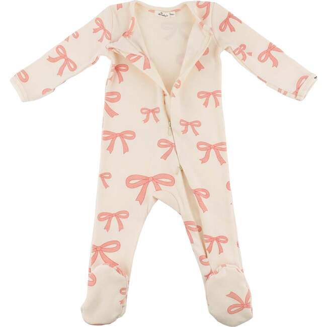Pink Bows Baby Rib Zipper Footie, Natural