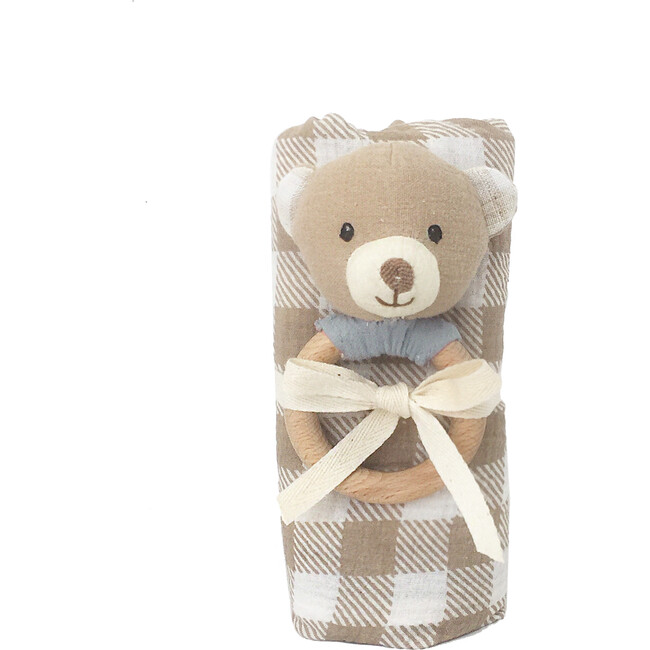 Petit Bear Rattle & Swaddle Set, Blue and Tan