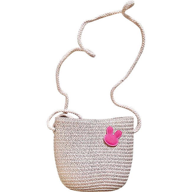 Straw Bag With Shiny Rabbit Patch, Hot Pink