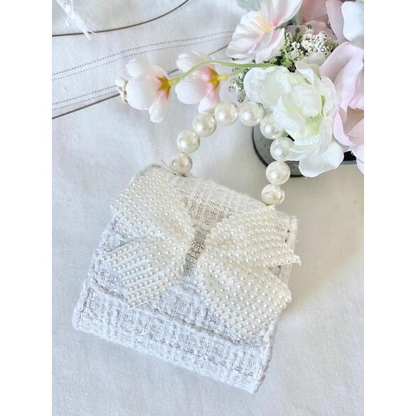 Tea Party Purse With Tweed Pearly Bow, White