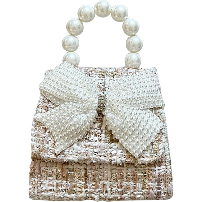 Tea Party Purse With Tweed Pearly Bow, Beige and Pink