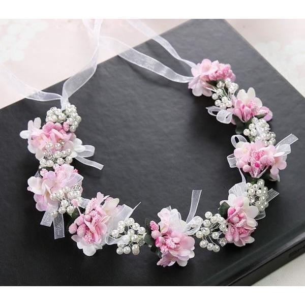 Flower & Pearl Hair Wreath, Pink
