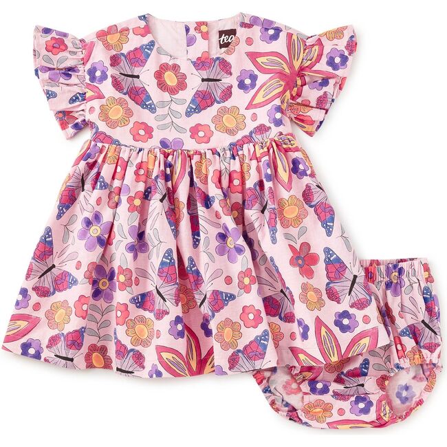 Ruffle Sleeve Baby Dress Set, Butterfly Tile