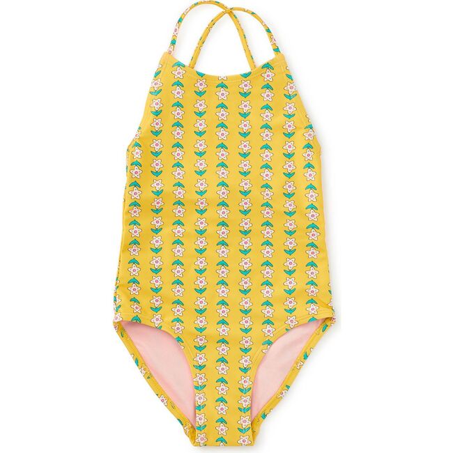 Cross Back One-Piece Swimsuit, Vintage Floral Tile