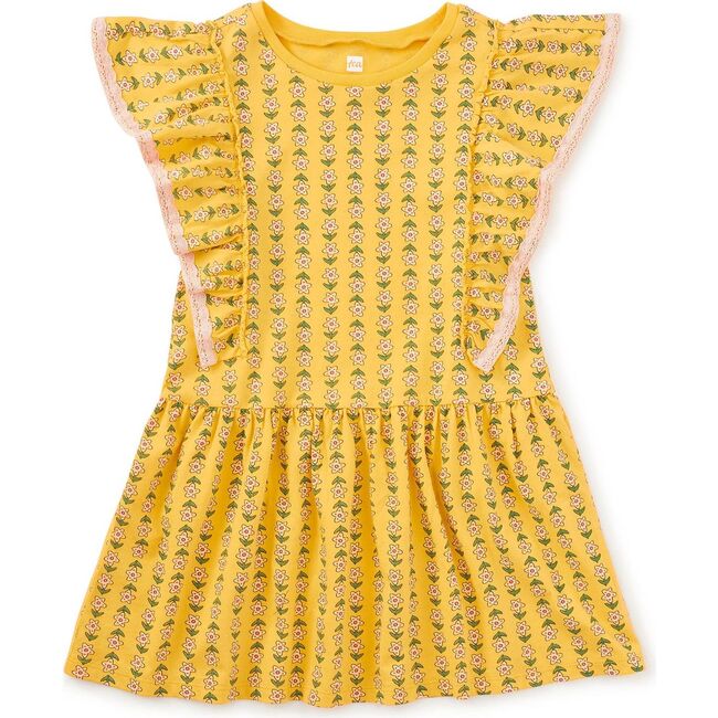 Crochet Trim Ruffle Dress, Vintage Floral Tile