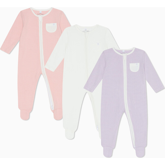 Stripe Two Way Zip-Up Sleepsuit 3 Pack, Pink/Purple/White