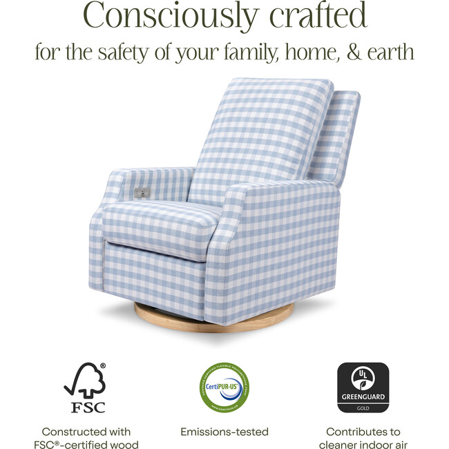 Crewe Electronic Recliner & Swivel Glider, Blue Gingham & Light Wood - Glider - 8