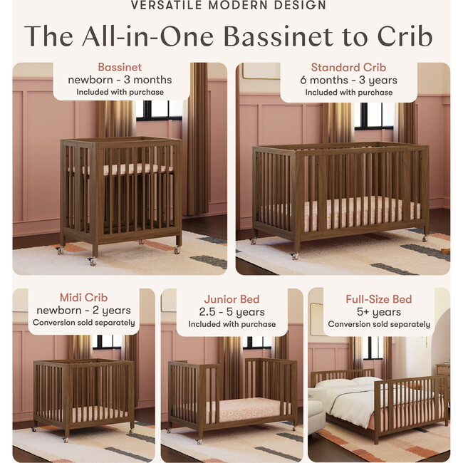 Rolli 9-in-1 Convertible All-Stages® Crib with Bassinet & Toddler Bed Conversion Kits in Natural Walnut - Cribs - 7