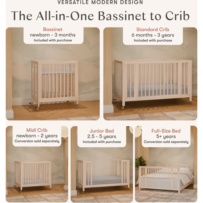 Rolli 9-in-1 Convertible All-Stages® Crib with Bassinet & Toddler Bed Conversion Kits in Washed Natural - Cribs - 9