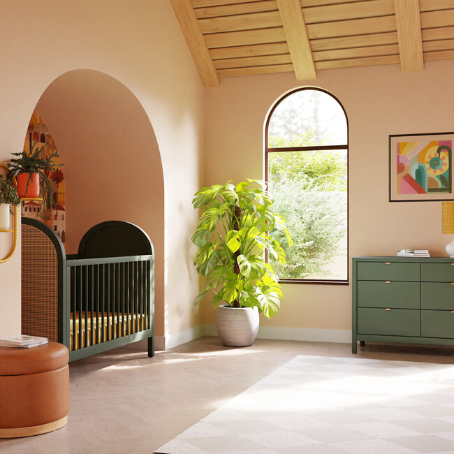 Bondi Cane 3-in-1 Convertible Crib, Forest Green & Natural Cane - Cribs - 3