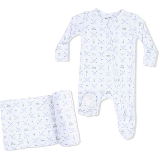 2 Way Zipper Footie & Swaddle Blanket, Golf Trellis Blue