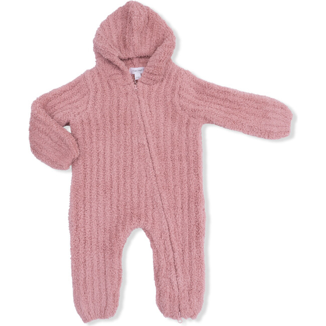 Chenille Hooded Romper with Striped Texture, Rose