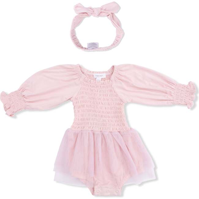 Long Sleeve Smocked Bubble with Tutu & Knotted Headband Set, Solid Lotus