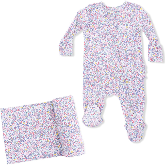 2 Way Ruffle Back Zipper Footie & Swaddle Blanket Set, Elizabeth's Garden