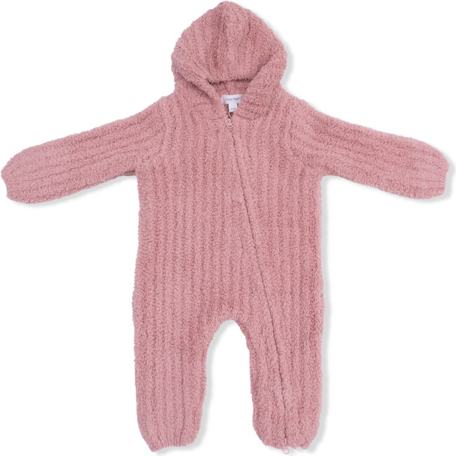 Chenille Hooded Romper with Striped Texture, Rose