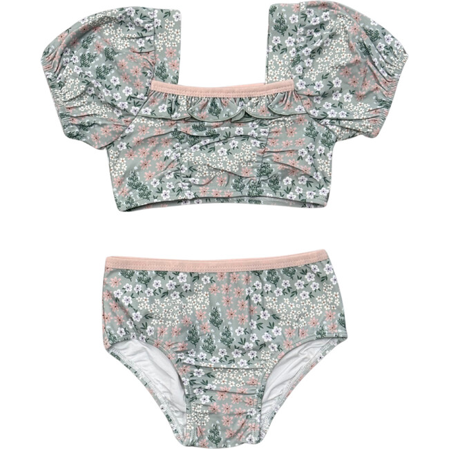 Girl's Puff Sleeve Swimsuit Aqua Grey Floral