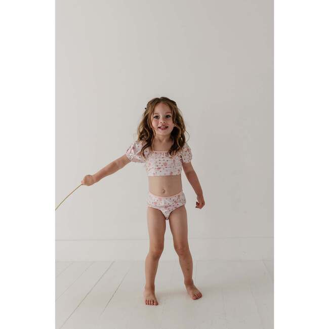 Girl's Puff Sleeve Swimsuit Aqua Grey Floral